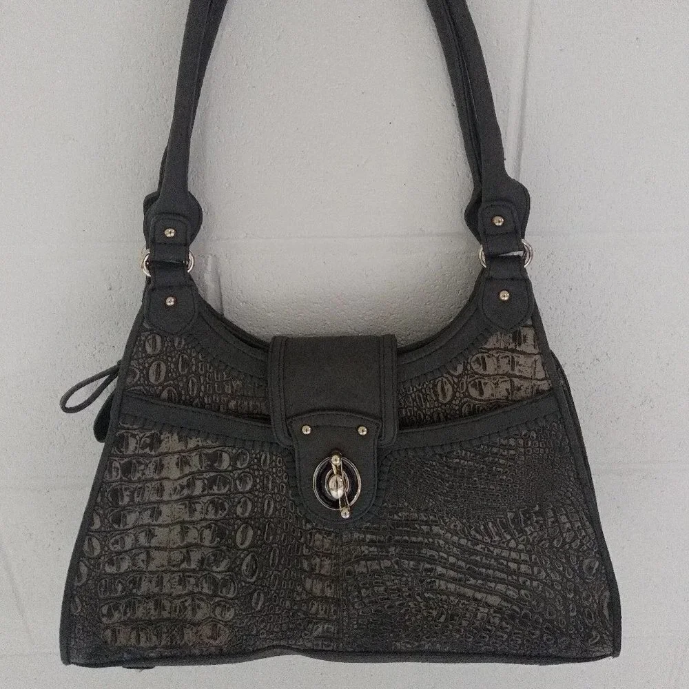 Gray purse with organization. Croc & gold accents.